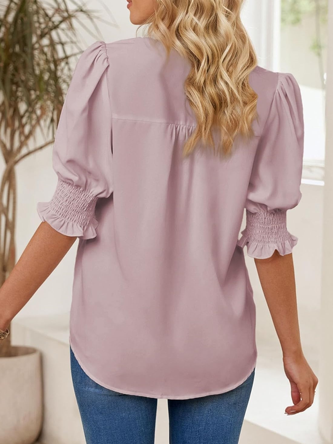 Women's Dressy Casual V Neck  Puff Ruffle Short Sleeve Shirt Tops