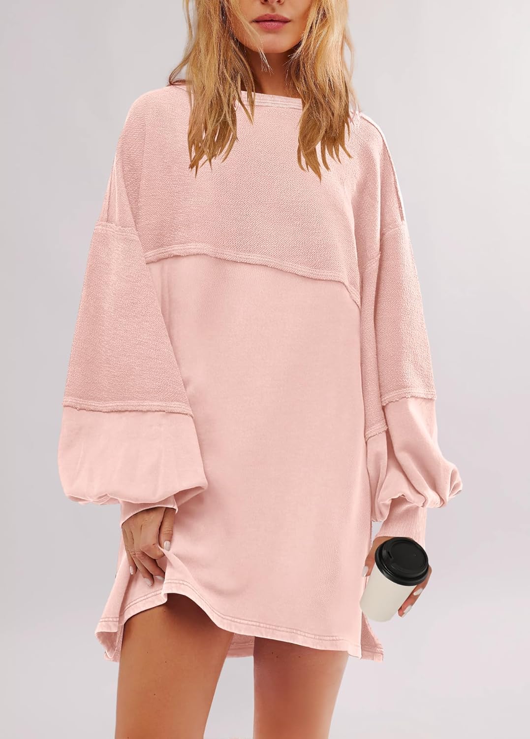 Women's Oversized Crewneck Patchwork Slit Sweatshirt Dress