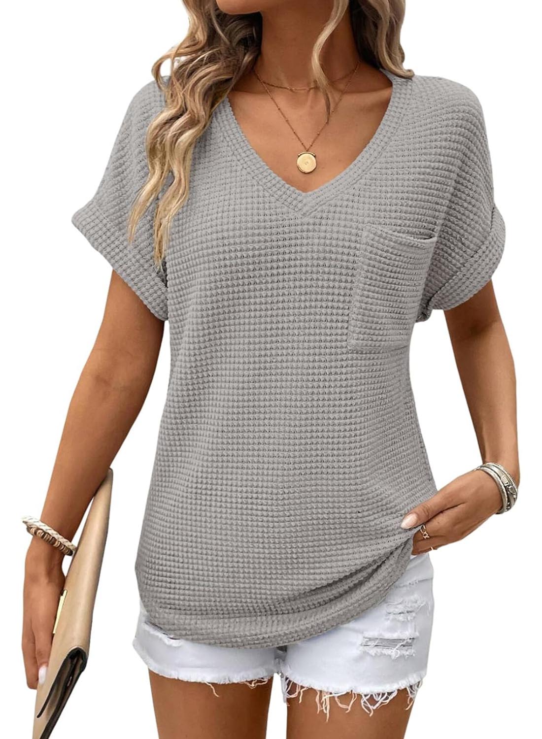 Women's Oversized Waffle V Neck Short Sleeve Casual Top(BUY 2 FREE SHIPPING)