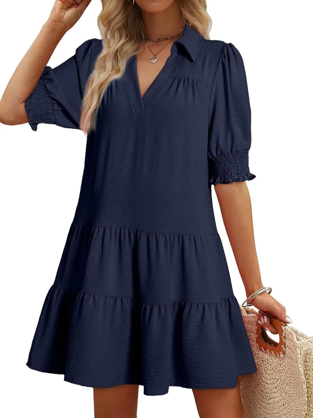 HOT SALE Women's Smocked Sleeve Tiered V-Neck Mini Dress (Buy 2 Free Shipping)