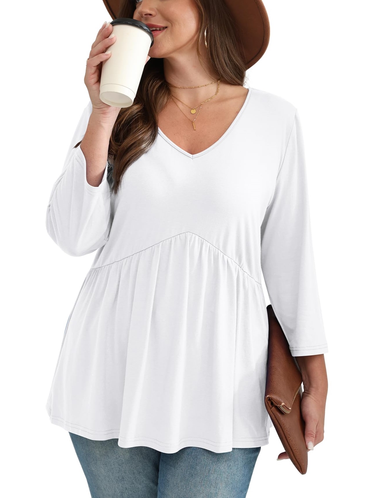 HOT SALE Women's V-Neck 3/4 Sleeve Babydoll Tunic Tops
