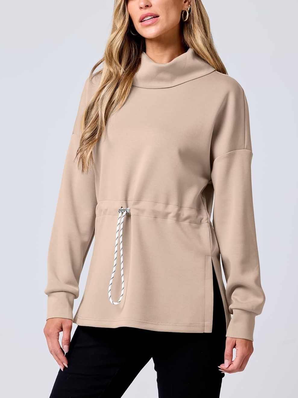 Women's Long Sleeve Turtleneck Drawstring Waist Hoodie Sweatshirts