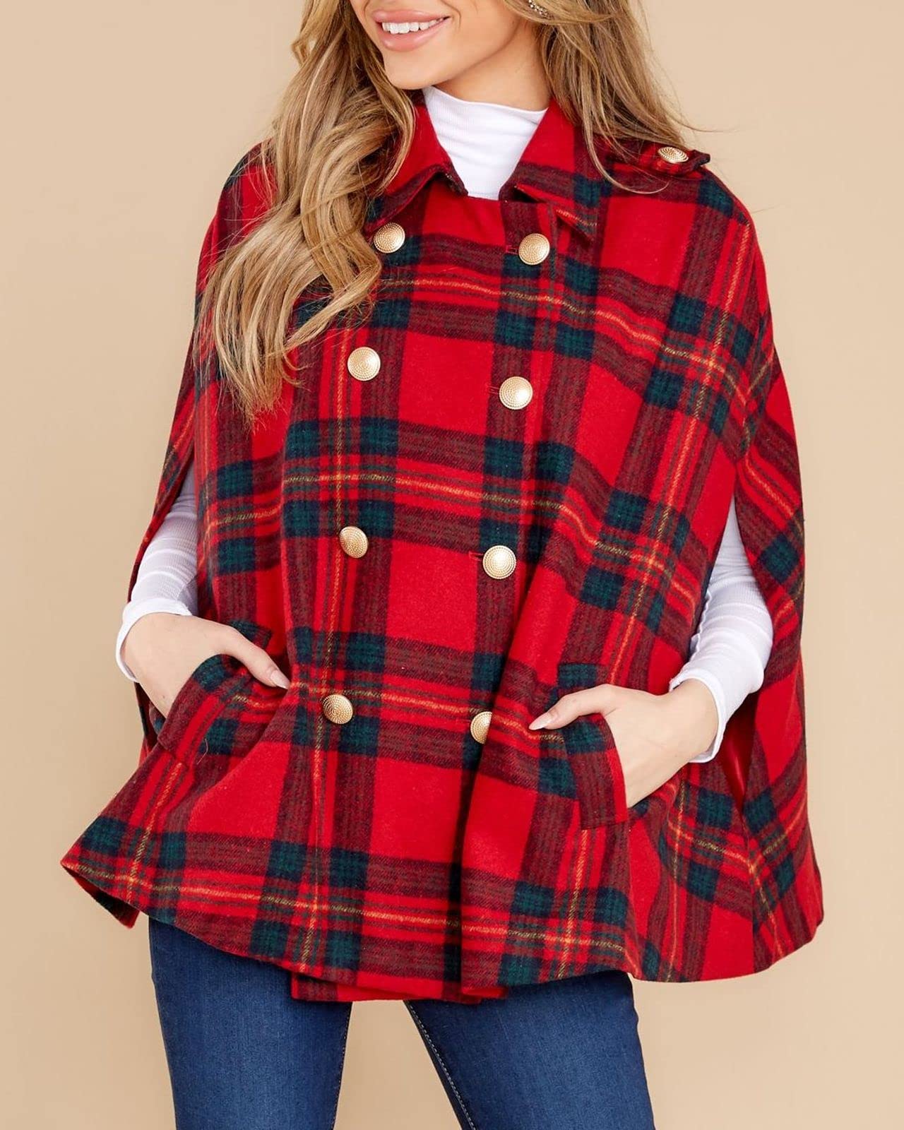 Women's Plaid Double Breasted Winter Cape Coats