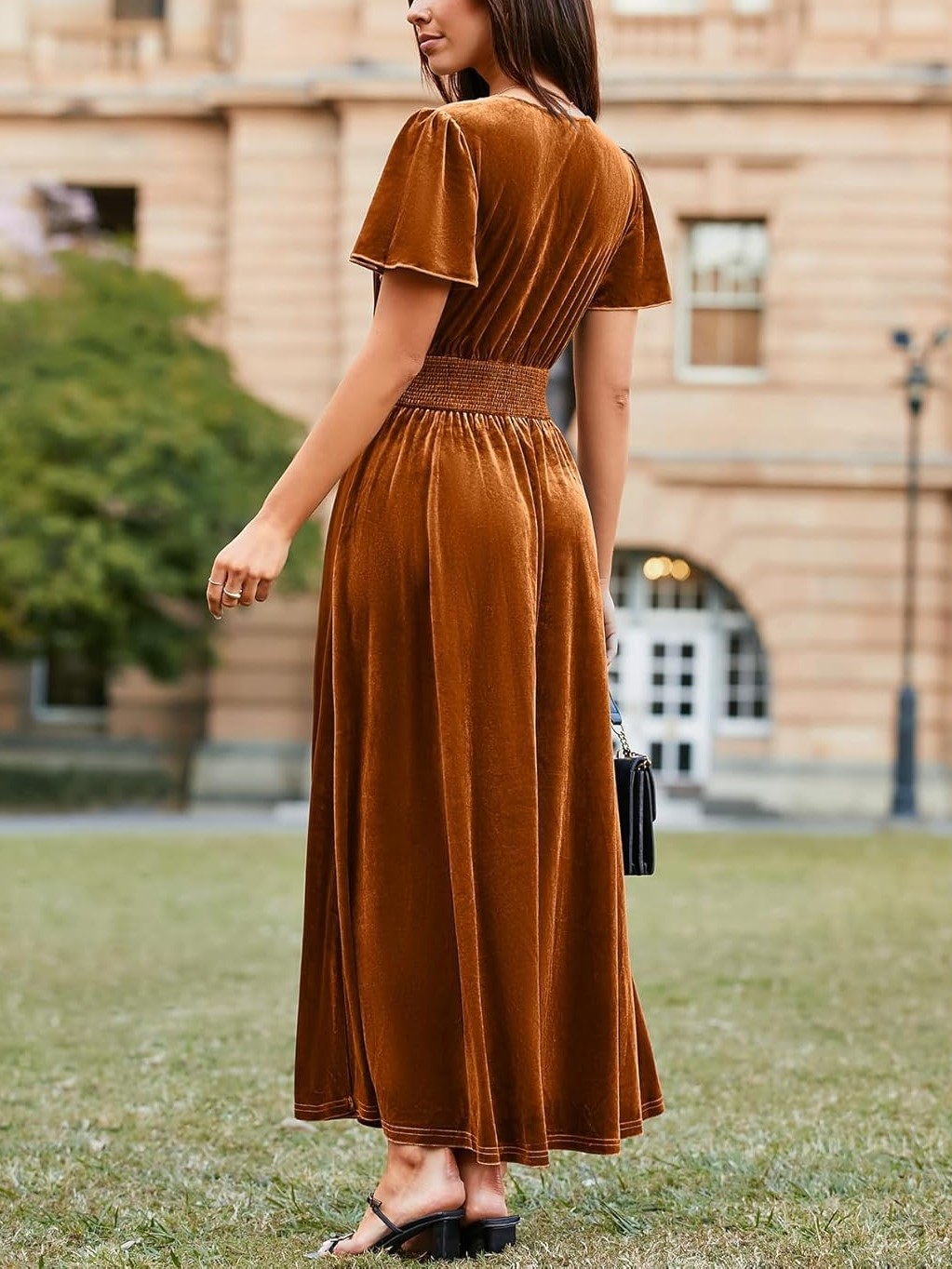 Women's V Neck Short Sleeve Empire Waist Velvet Maxi Dress