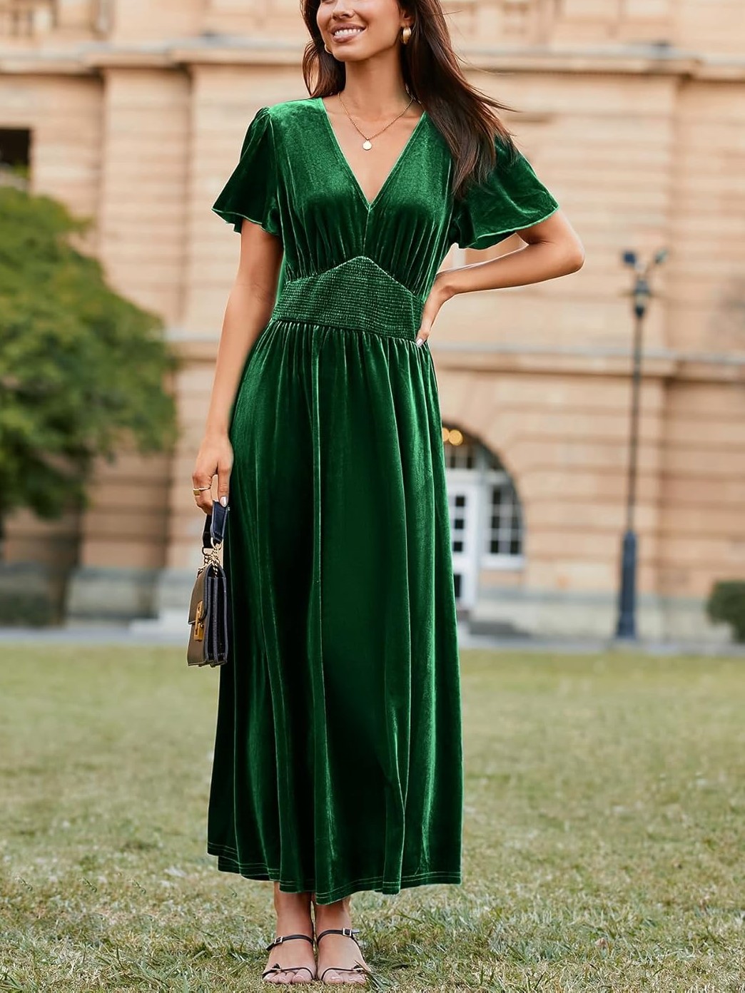 Women's V Neck Short Sleeve Empire Waist Velvet Maxi Dress