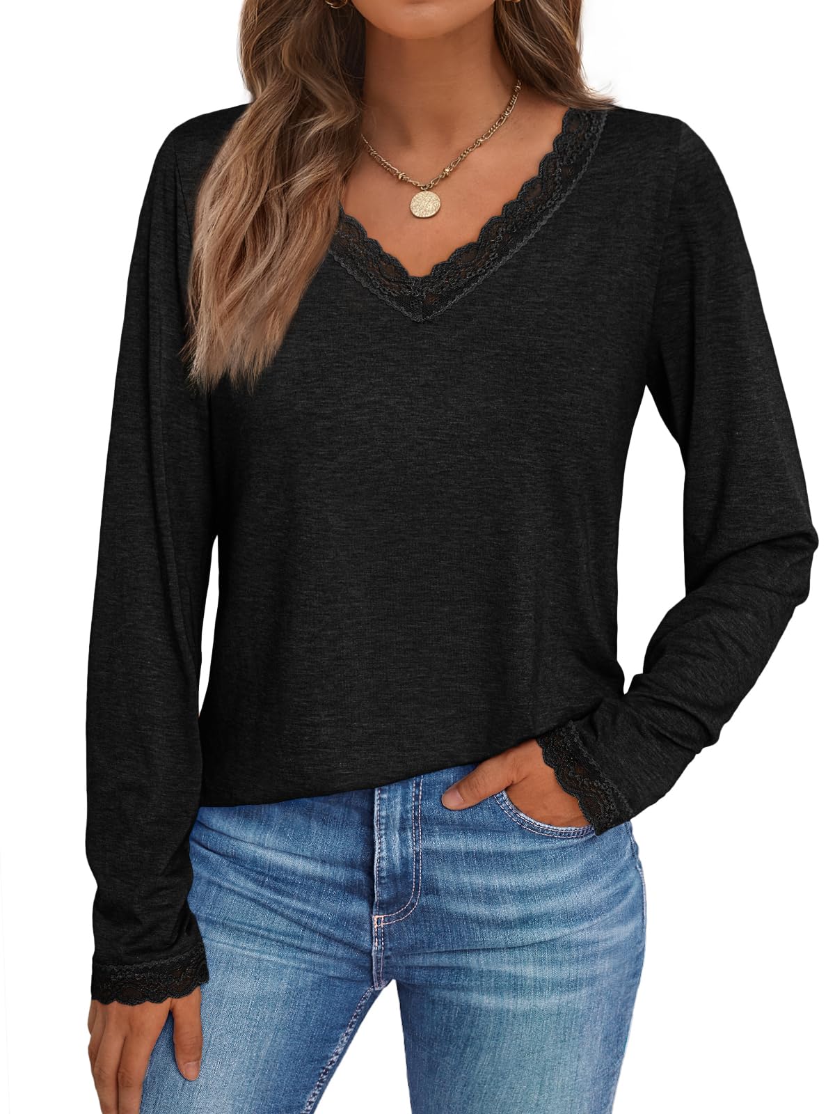 V Neck T Shirts for Women Lace Long Sleeve Tops