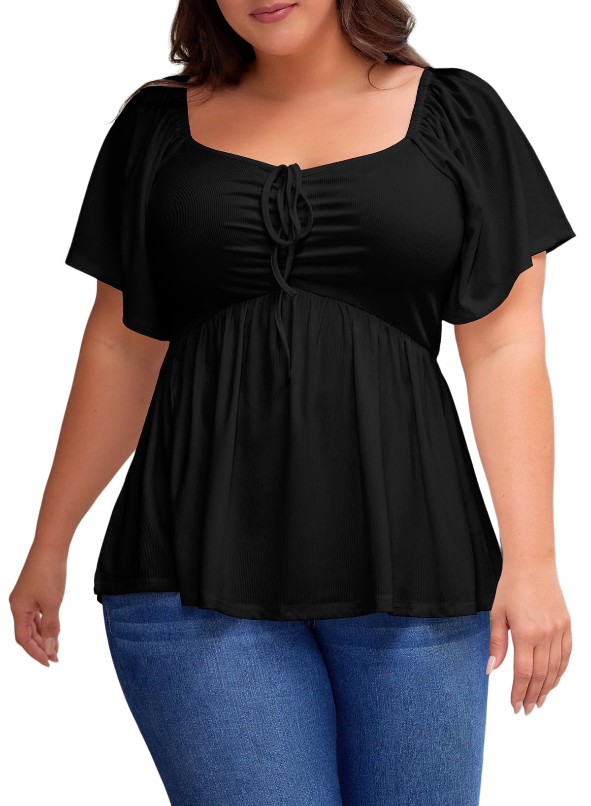Women Sweetheart Neck Short Sleeve Shirred Peplum Blouse Tops Shirts