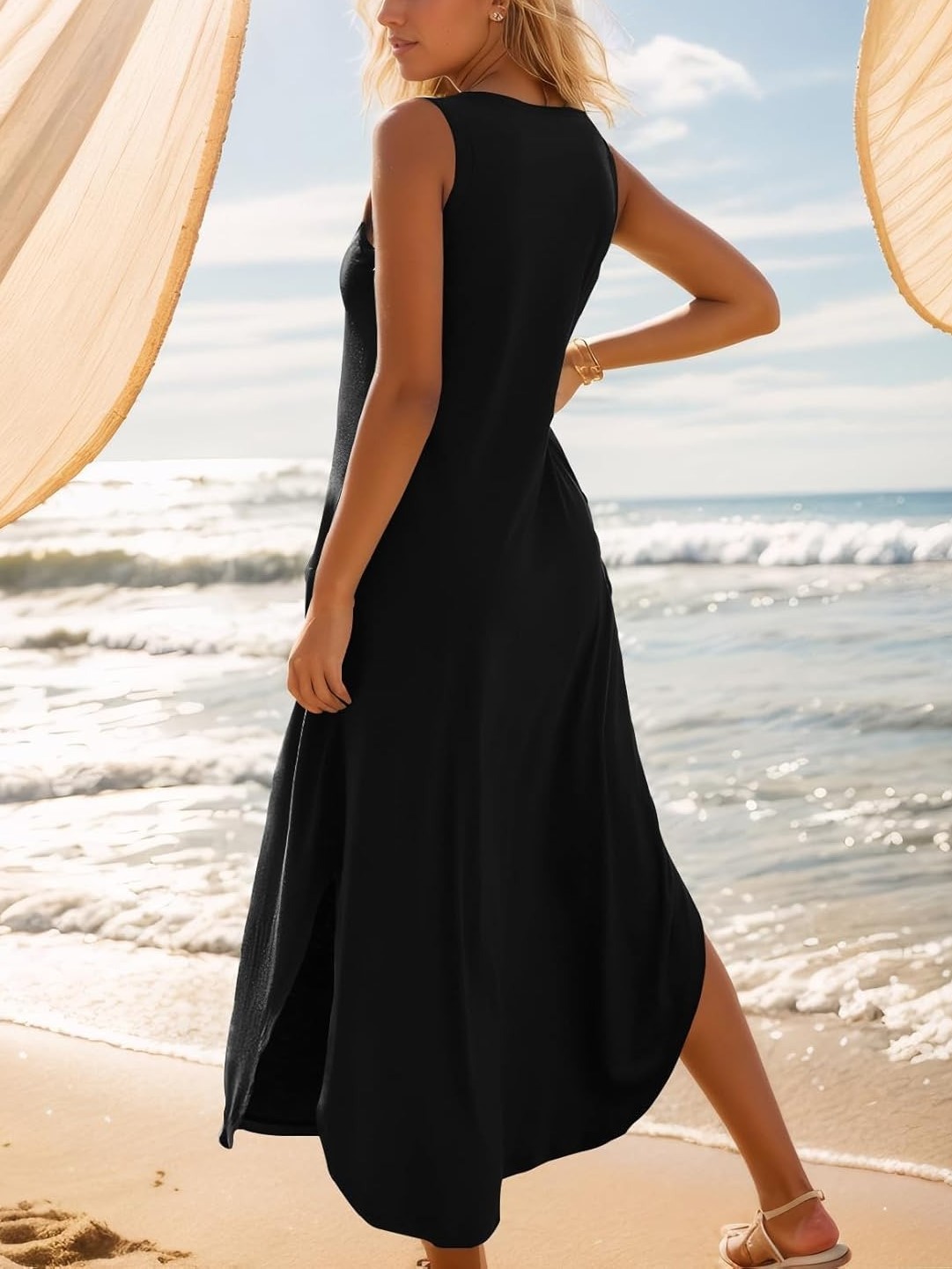 Women's Summer Casual Loose Sleeveless V Neck Split Tank Long Dress with Pockets