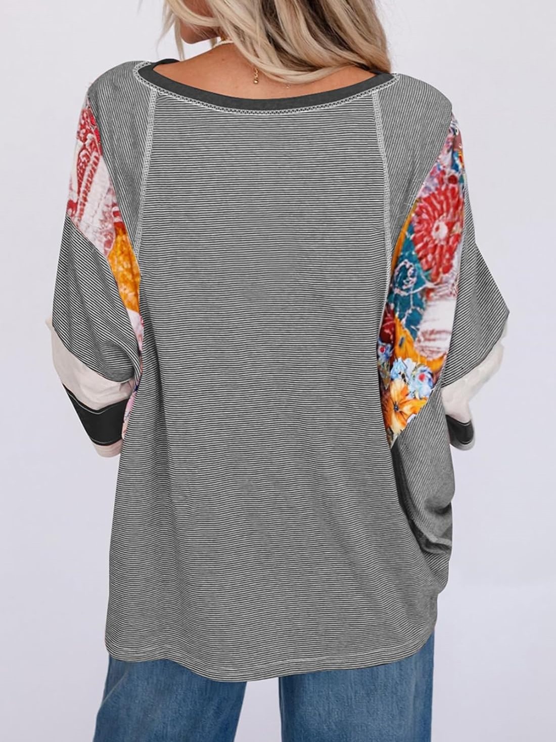 Women's Casual Striped Floral Print Patchwork Oversized 3/4 Sleeve Top