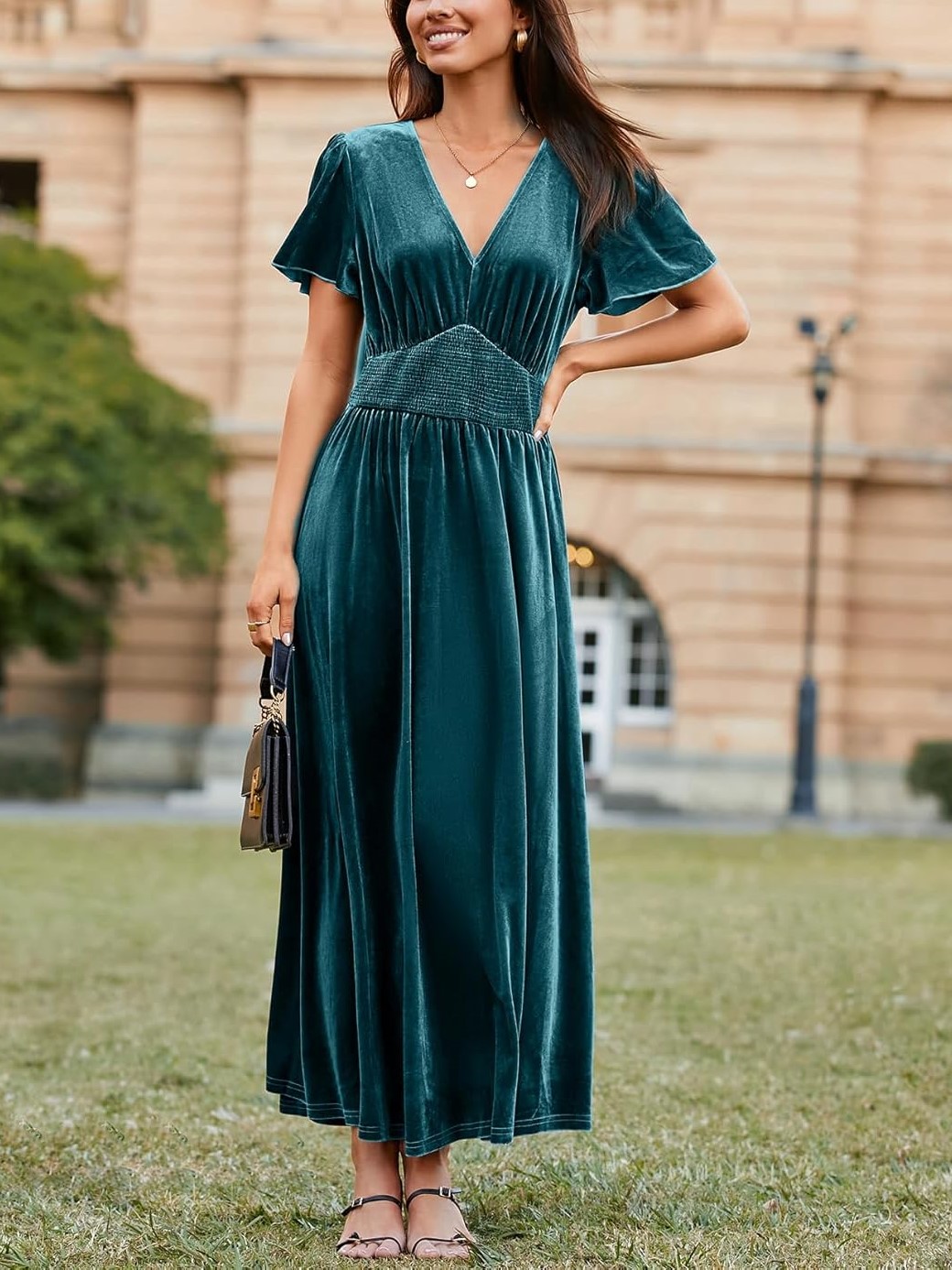 Women's V Neck Short Sleeve Empire Waist Velvet Maxi Dress