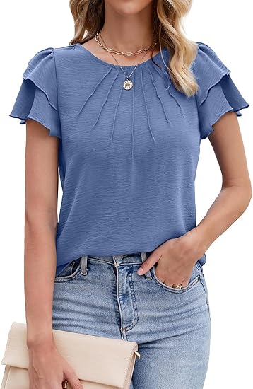 Women’s Casual Blouses Ruffle Short Sleeve T Shirts Pleated Crew Neck Tops