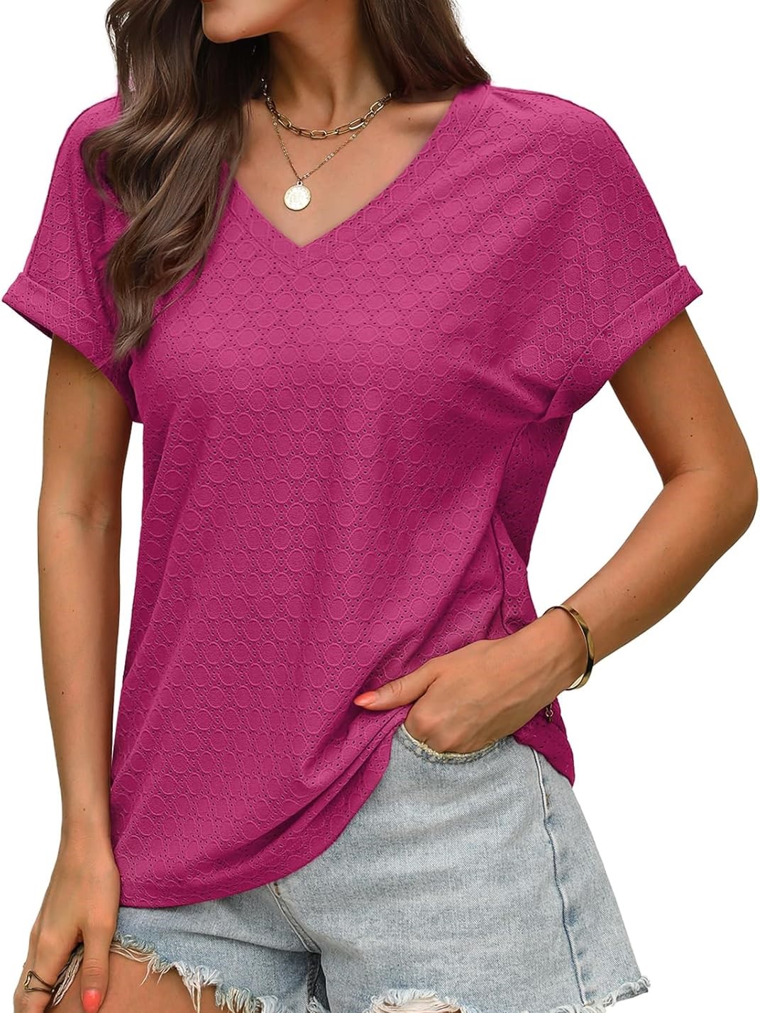 Women's V Neck Eyelet Dressy Casual Basic Short Sleeve Tees
