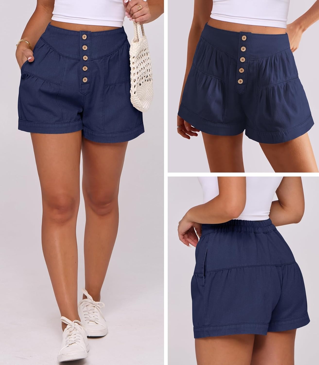 Women's Summer Baggy Flowy Wide Leg Buttons Pleated Denim Shorts