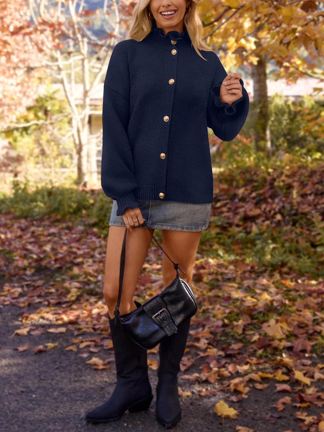 Women's Ruffle Button Down Long Sleeve Chunky Cardigan Sweaters