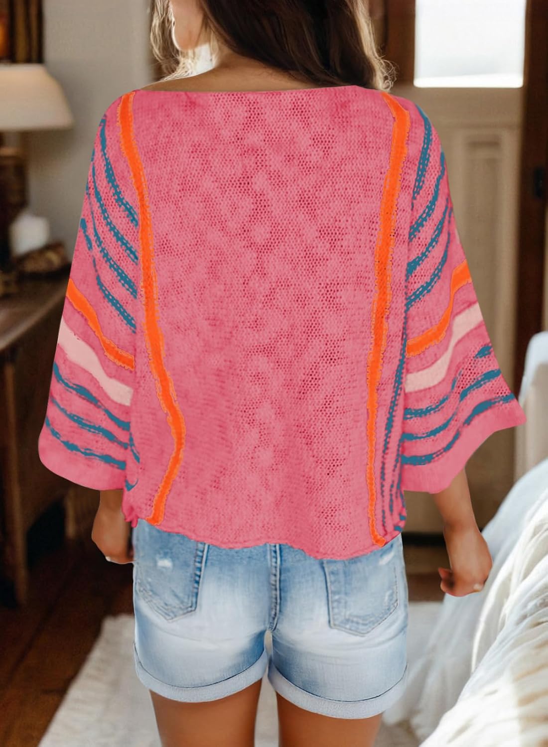 Women's Casual Color Block Striped Cable Knit Boho Sweater