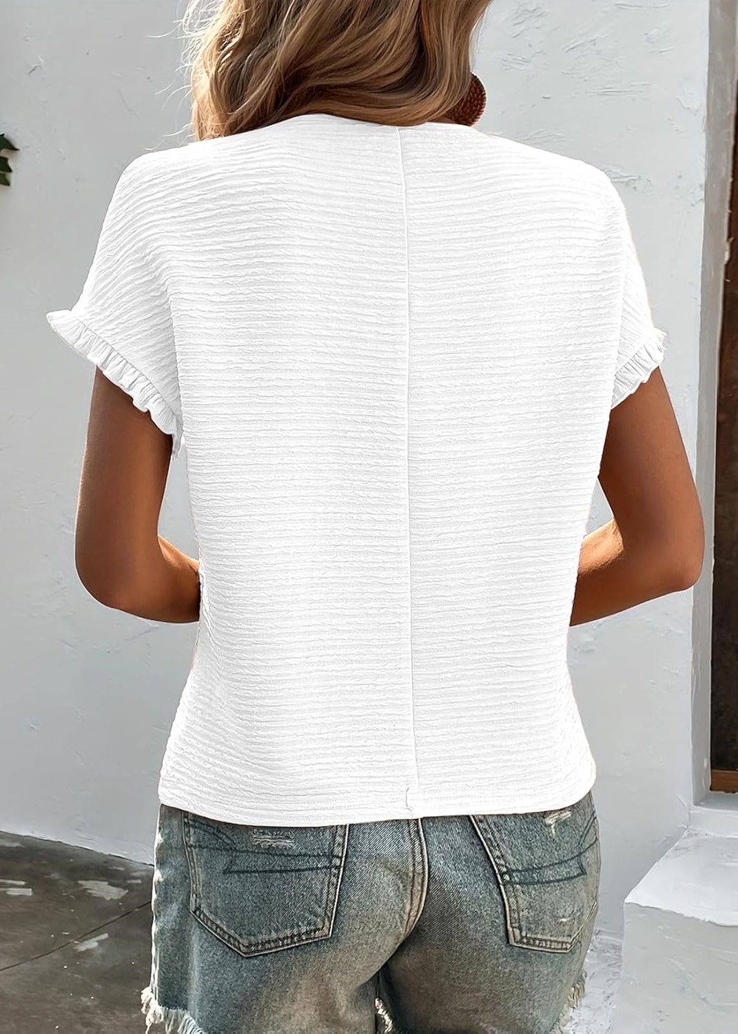 Women's Crewneck Textured Pleated Short Sleeve Shirt Top