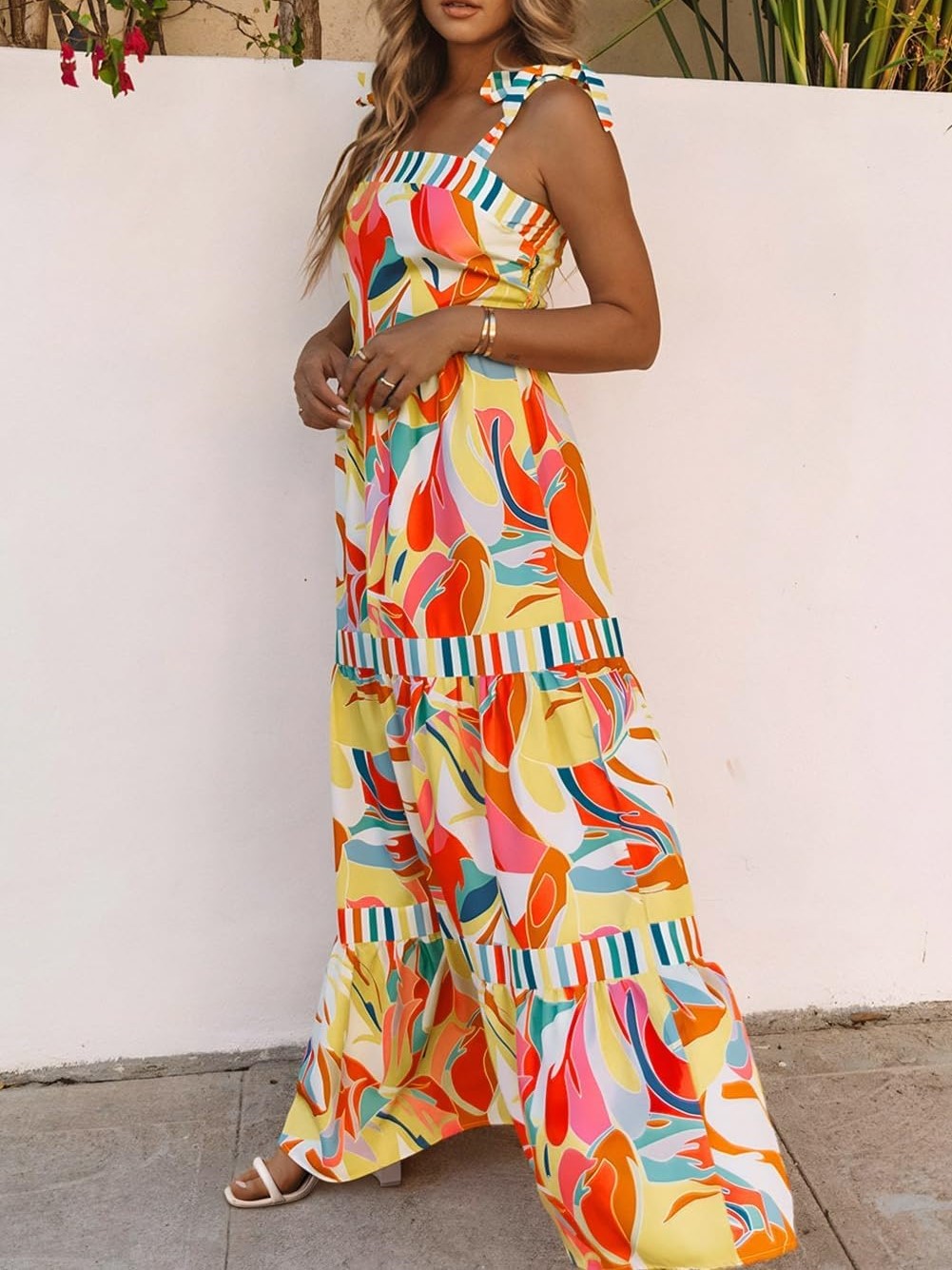 Women's Summer Sleeveless Strap Tie Floral Print Maxi Dress