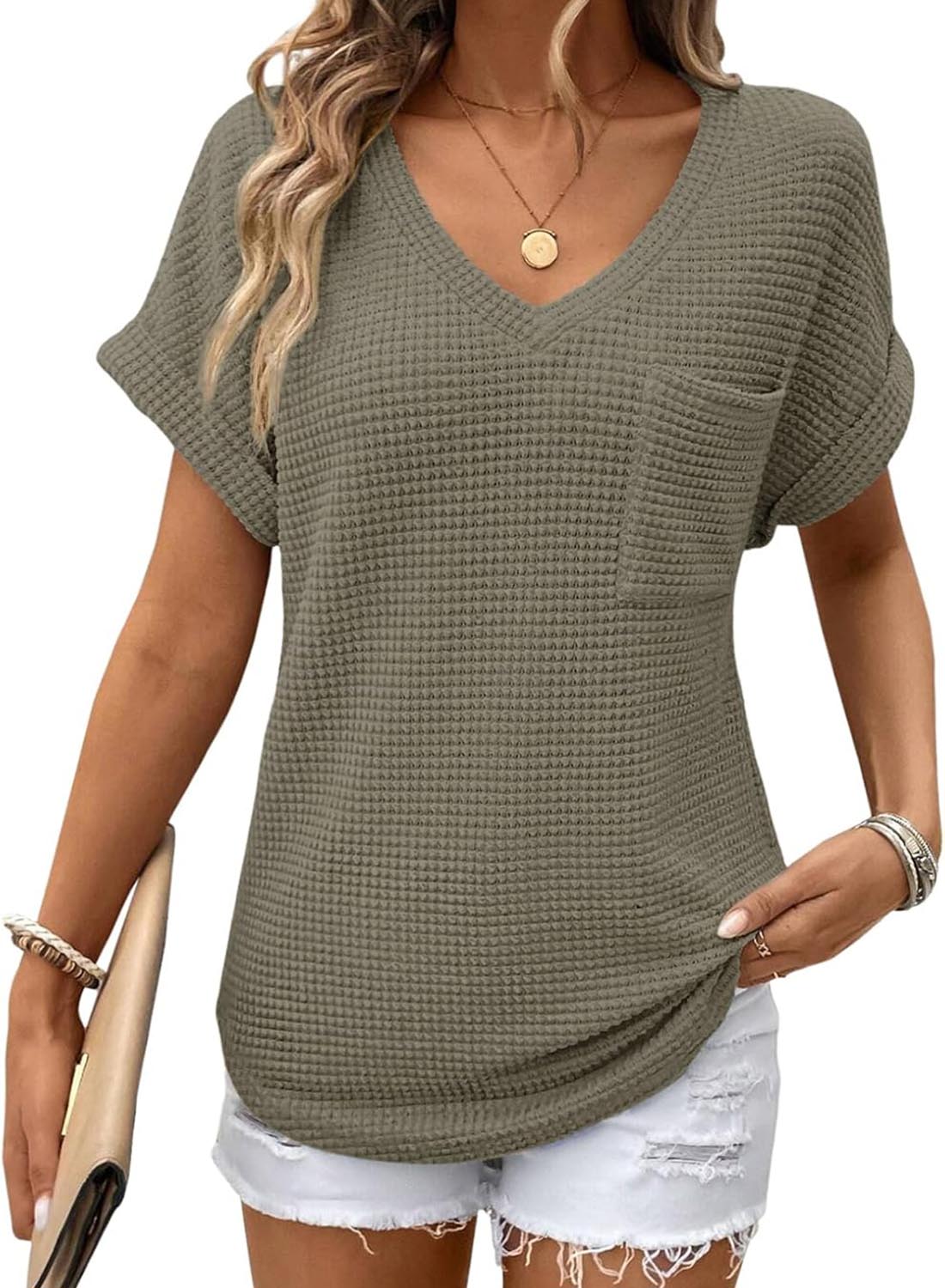 Women's Oversized Waffle V Neck Short Sleeve Casual Top(BUY 2 FREE SHIPPING)