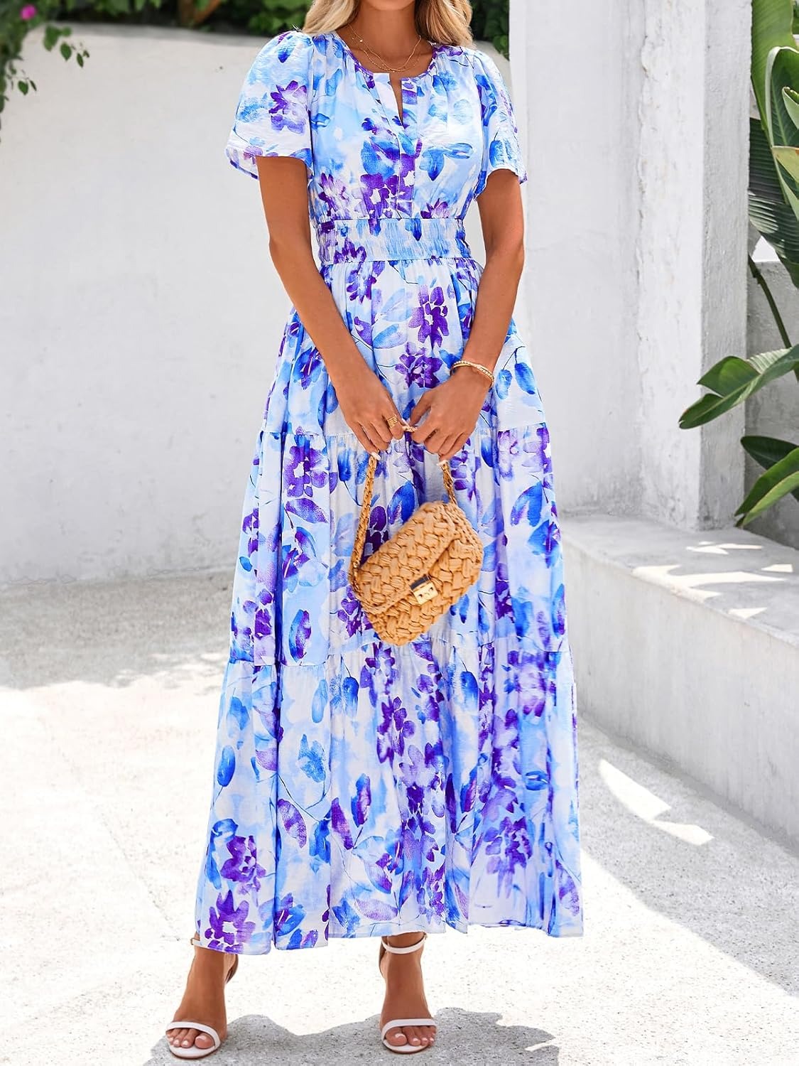 Women's Summer Floral Short Sleeve V Neck Elastic Waist Tiered Maxi Dress Pockets