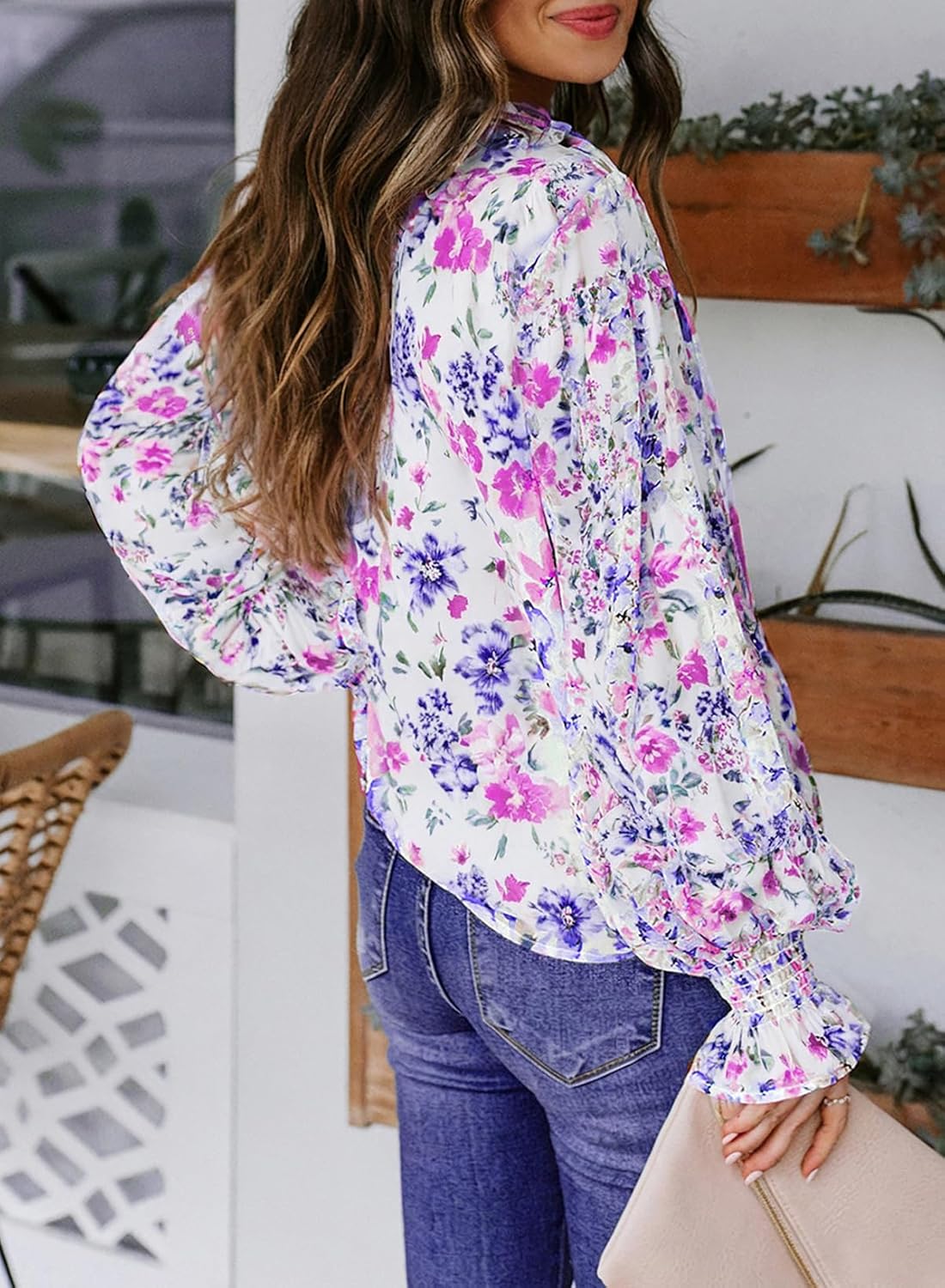 Women's Boho Floral Print V Neck Long Sleeve Drawstring Button Blouses