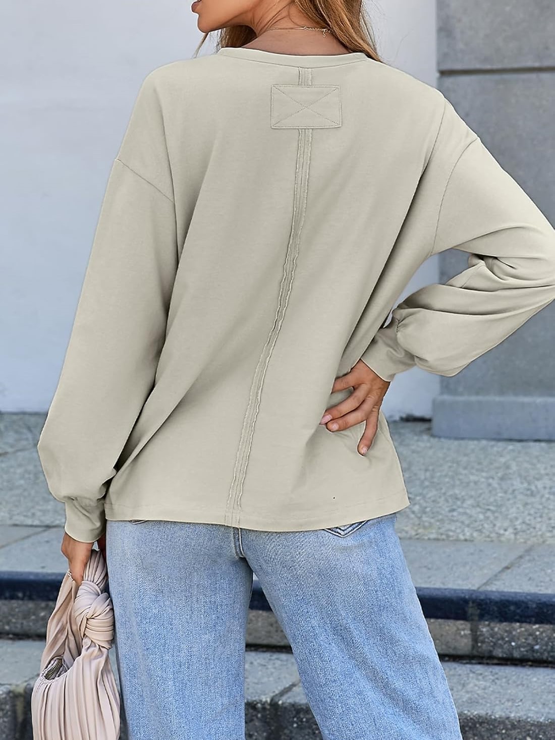 Women's Crewneck Pocket Oversized Basic Long Sleeve Shirts