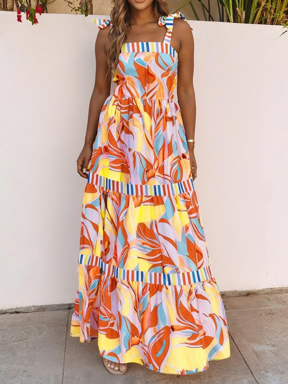 Women's Summer Sleeveless Strap Tie Floral Print Maxi Dress