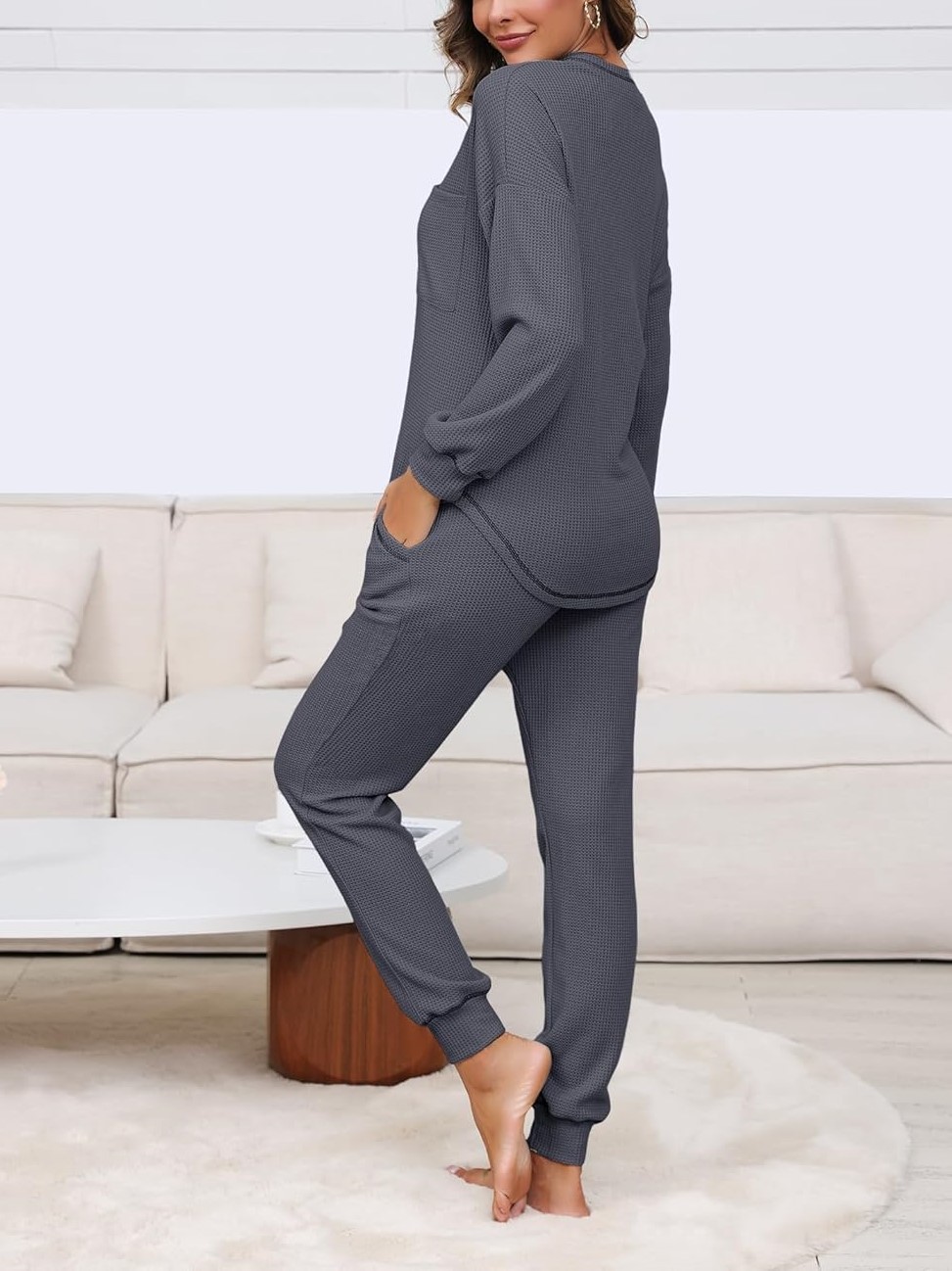 Women's V Neck Waffle Knit Sleepwear Top and Pant Lounge Sets