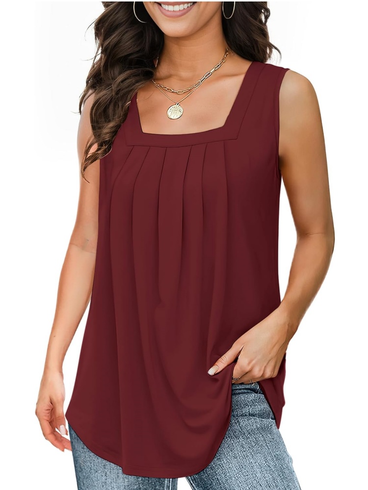 Women's Loose Fit Pleated Square Neck Tank Tops