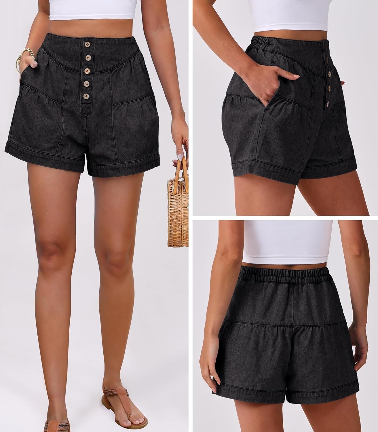 Women's Summer Baggy Flowy Wide Leg Buttons Pleated Denim Shorts