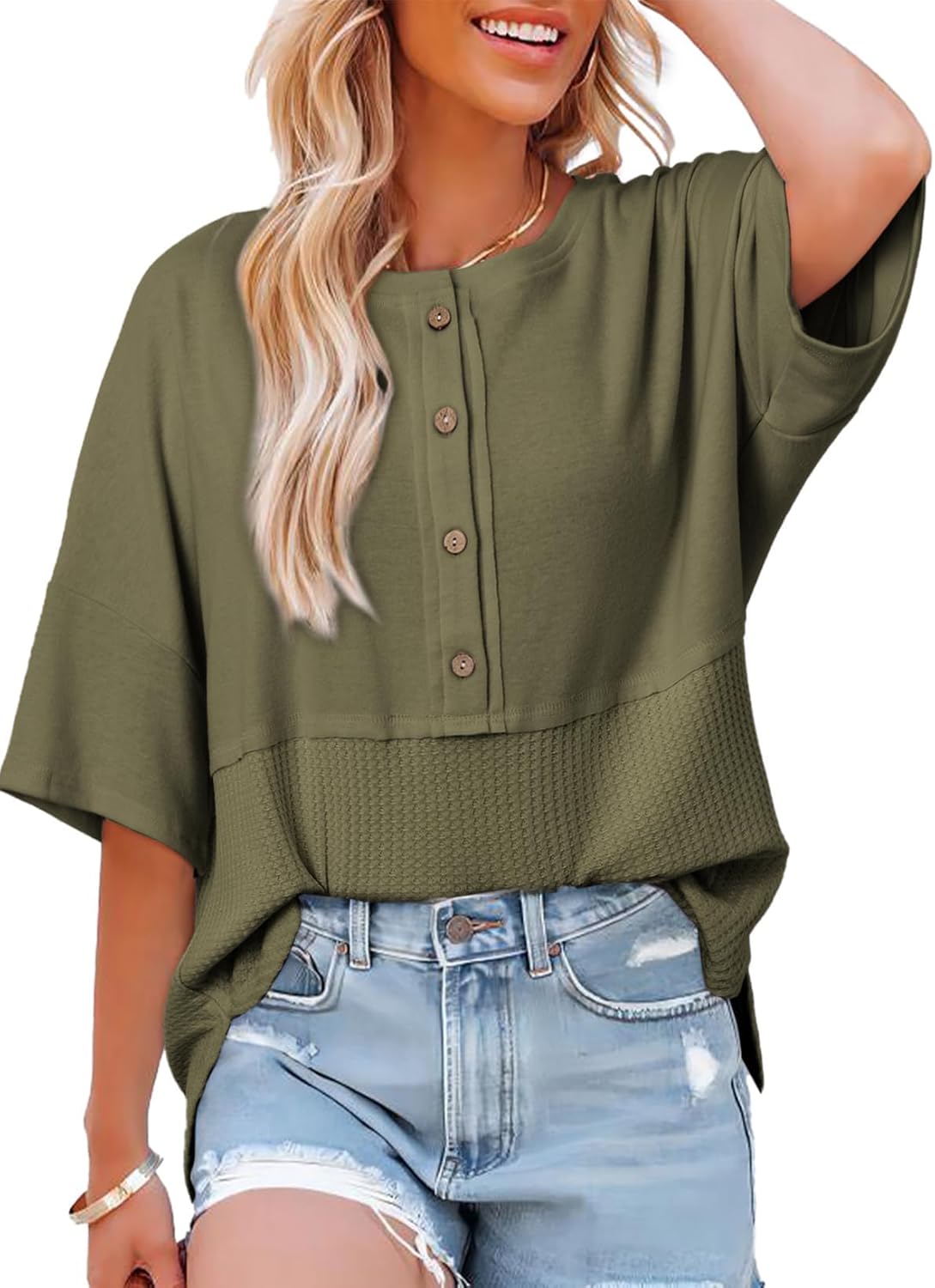 Women's Waffle Knit Top 3/4 Sleeve Casual Oversized Patchwork Shirt(BUY 2 FREE SHIPPING)