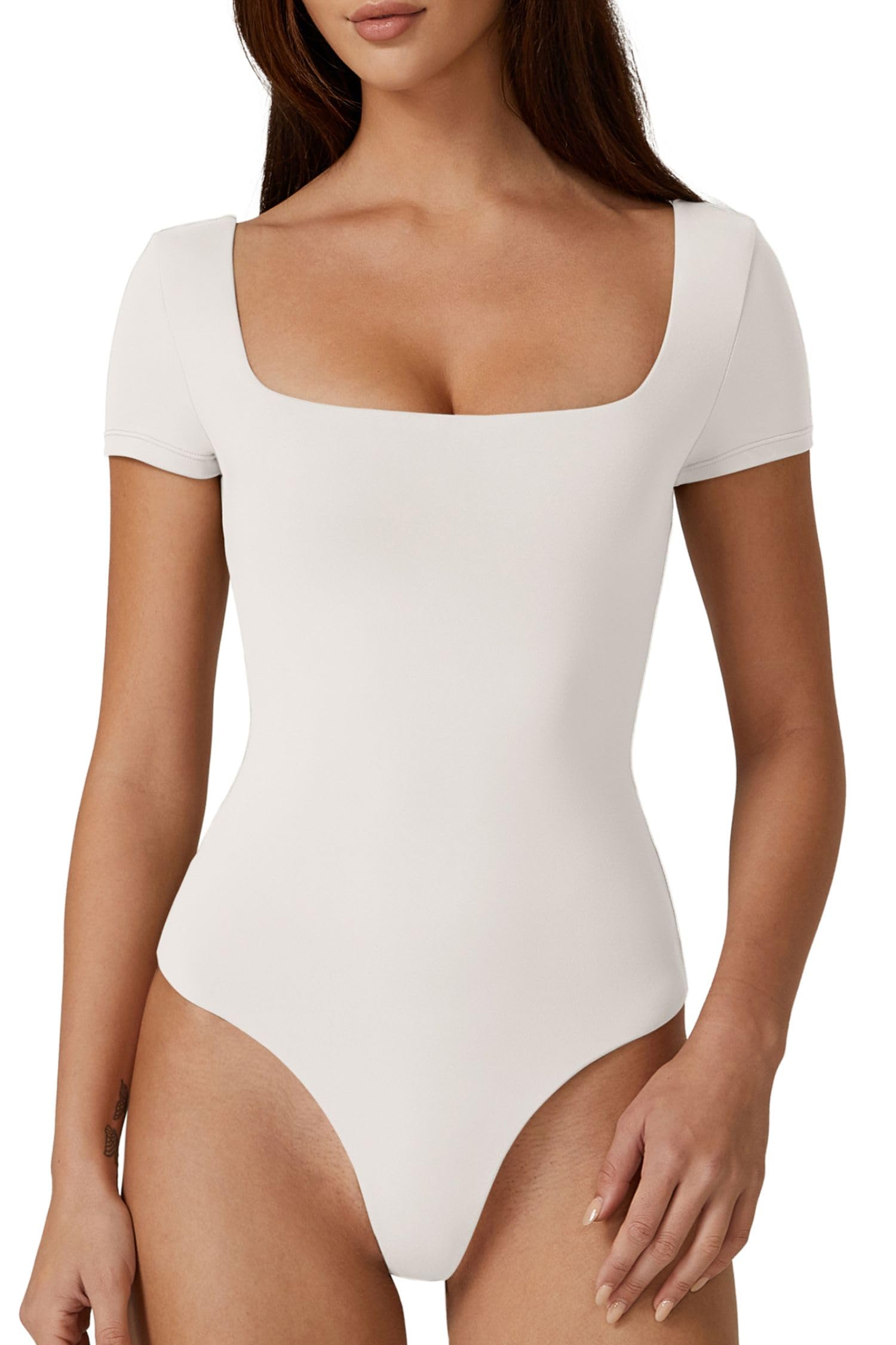  Women's Square Neck Short Sleeve Double-Layer Bodysuit