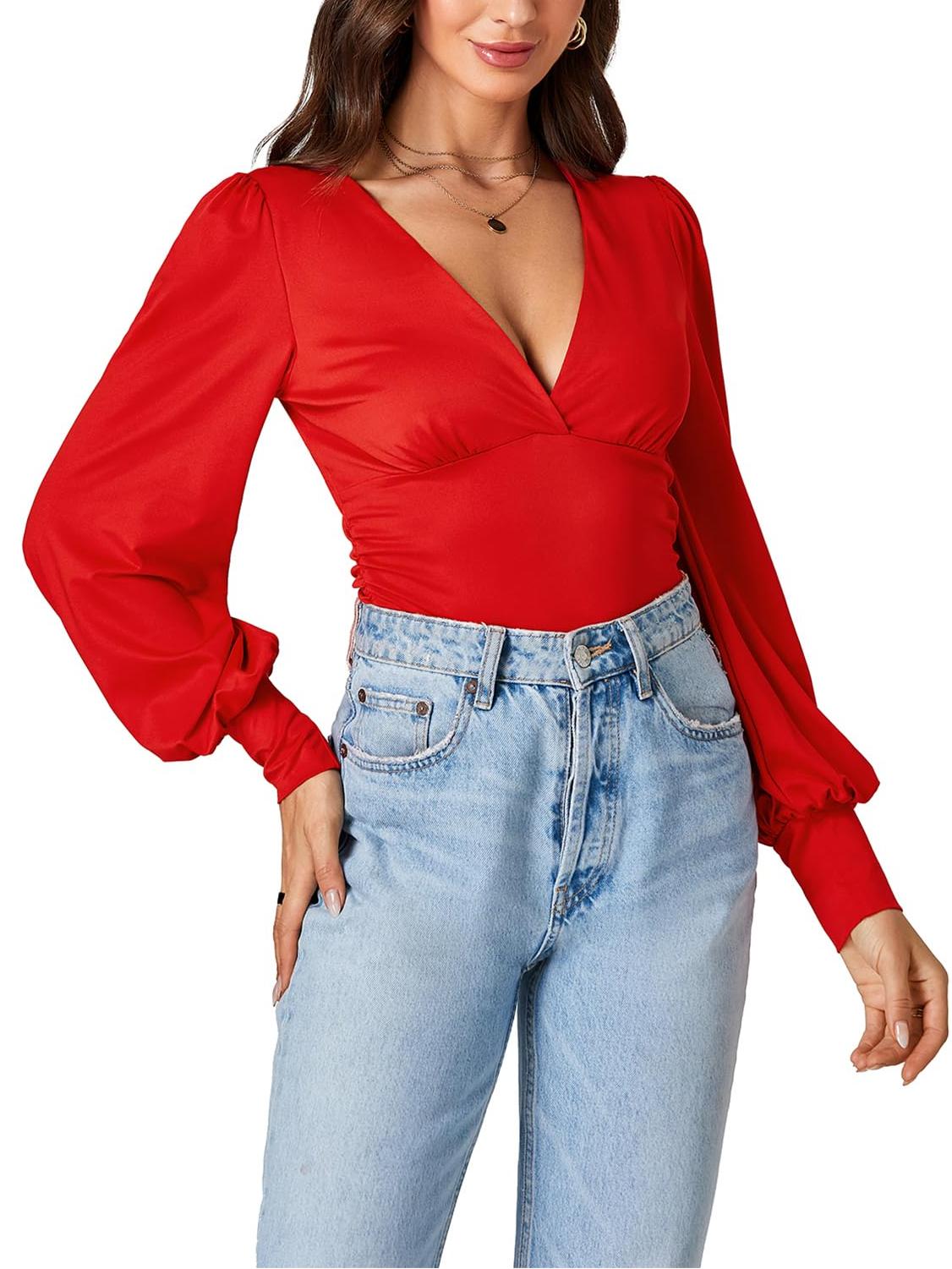 Women V-Neck Elegant Long Sleeve shirt T-Shirt Slim Top Blouse