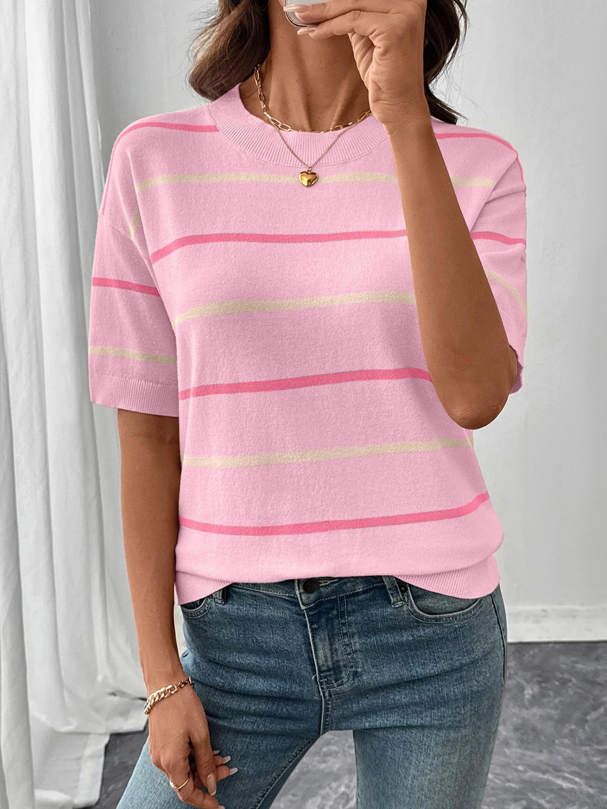 Women's Knitted Striped Crewneck Short Sleeve Sweater