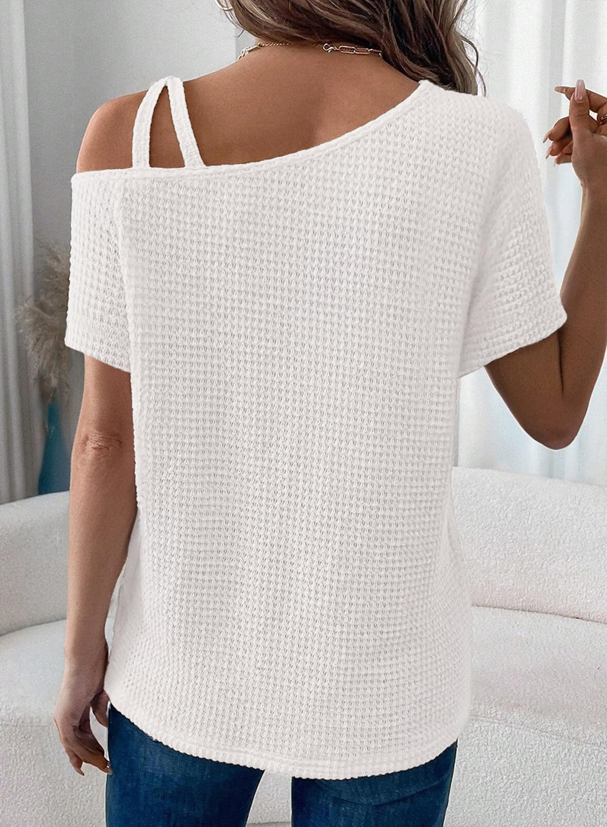 Womens Summer Tops Off One Shoulder Waffle Knit Short Sleeve T-Shirts