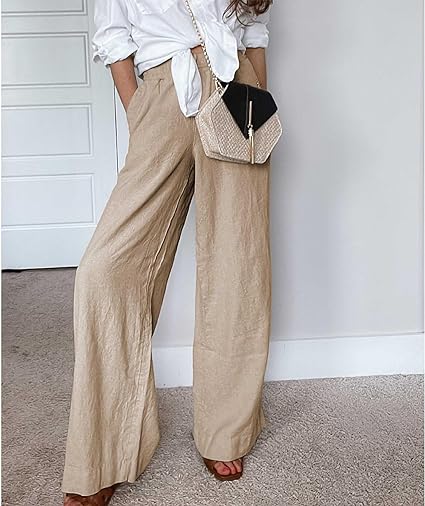 Women's Cotton Linen Drawstring Stretch Waist Wide Leg Pants