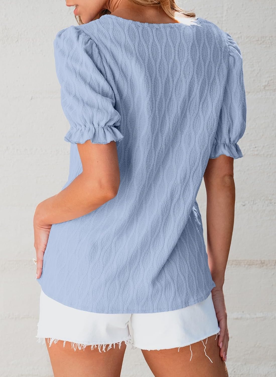 Women Dressy Casual Spring Summer V Neck Puff Sleeve Blouses