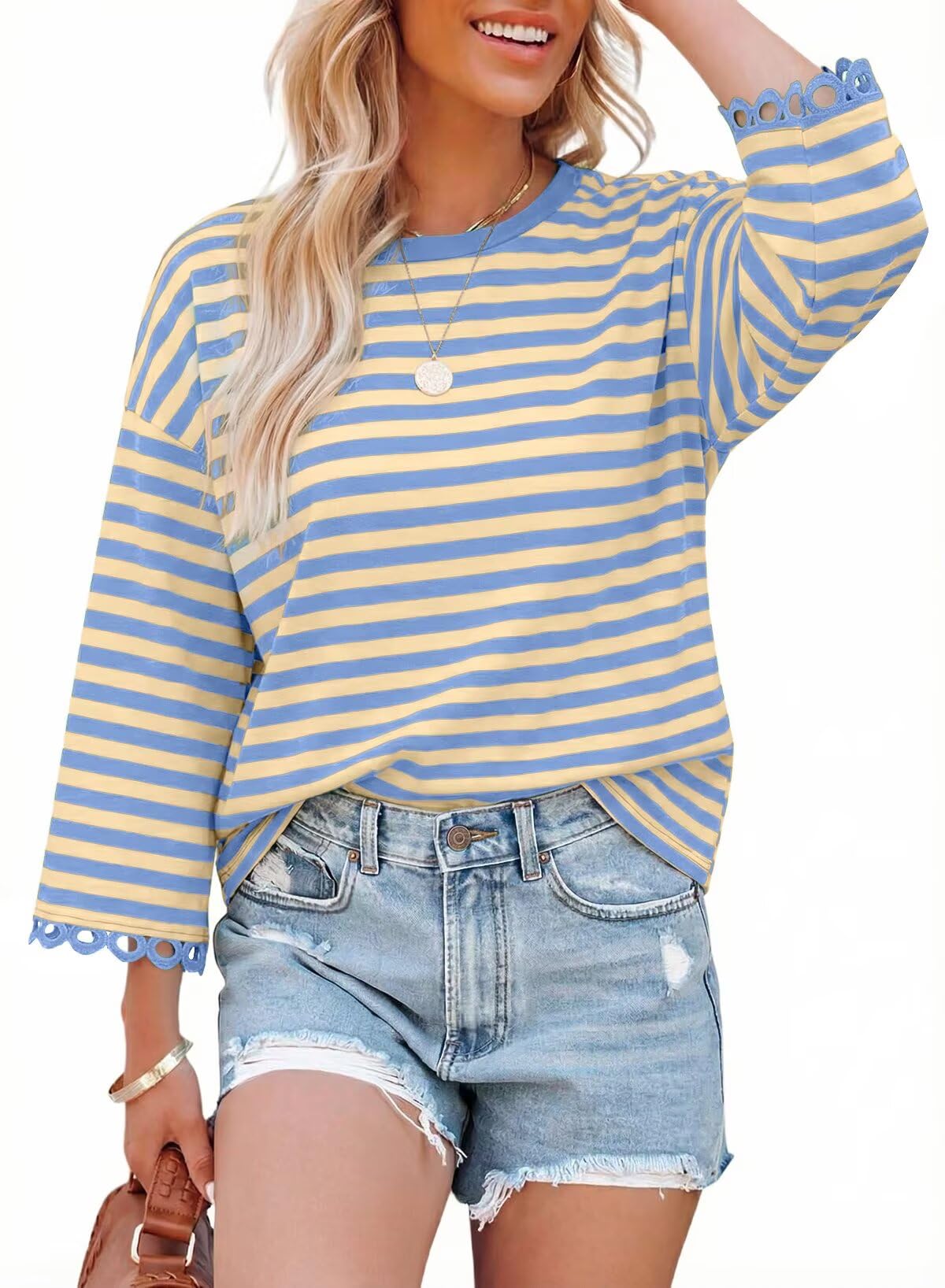 HOT SALE Women's Crewneck Striped Cute Color Block 3/4 Sleeve Blouse Top
