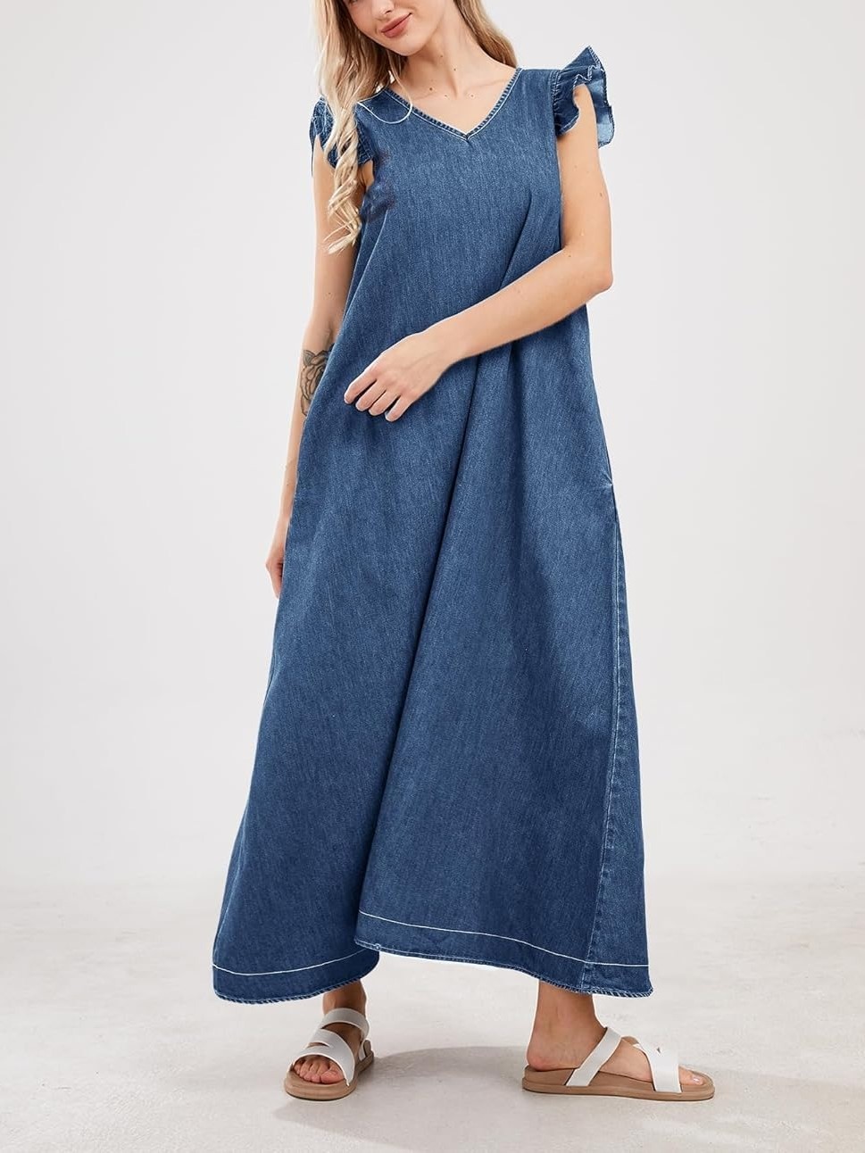HOT SALE Women's Casual Loose Fit Ruffle Sleeveless V-Neck Denim Maxi Dress