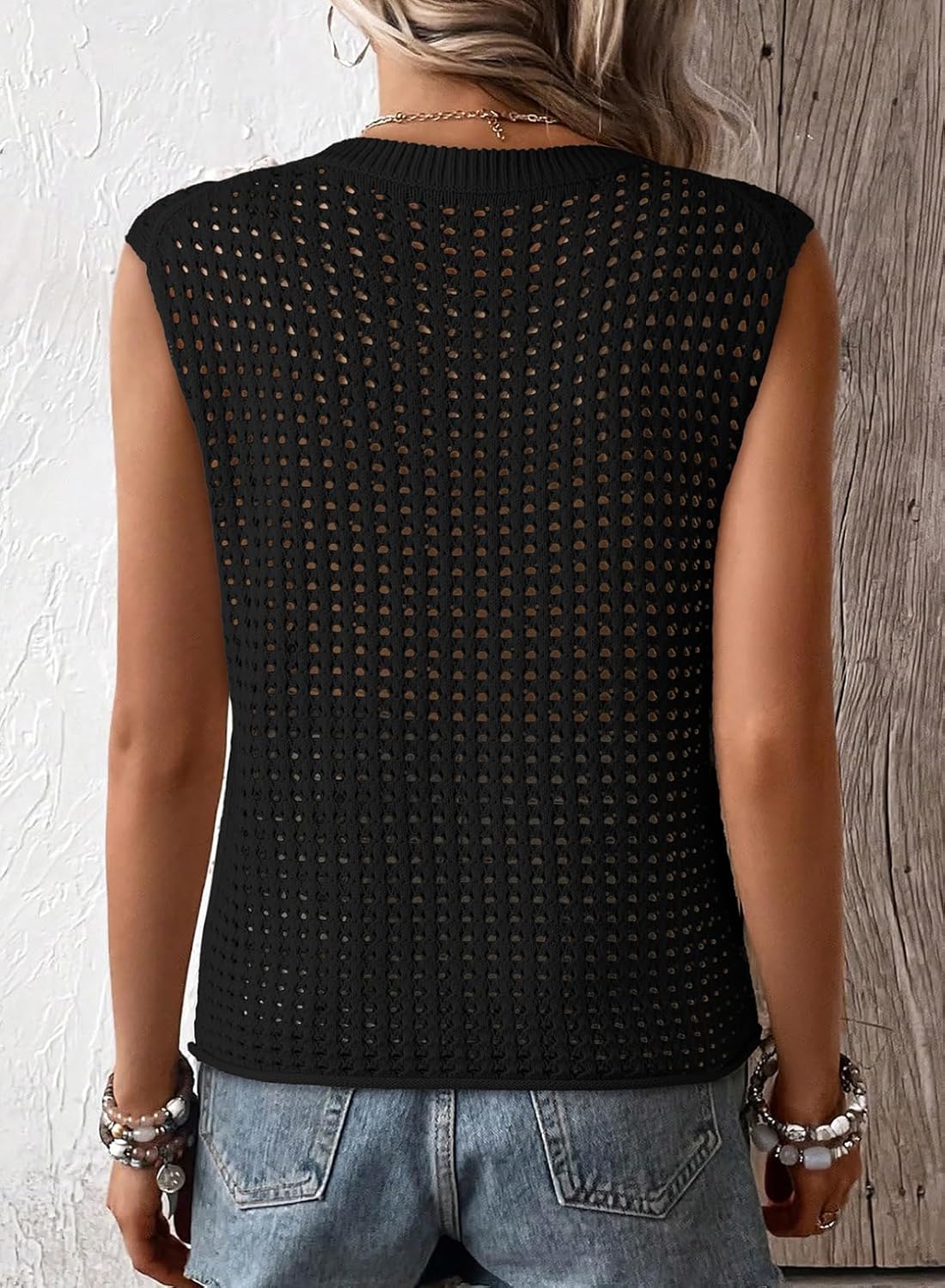 Women's Crewneck Sleeveles Loose Crochet Hollow Vest Top Cover Ups