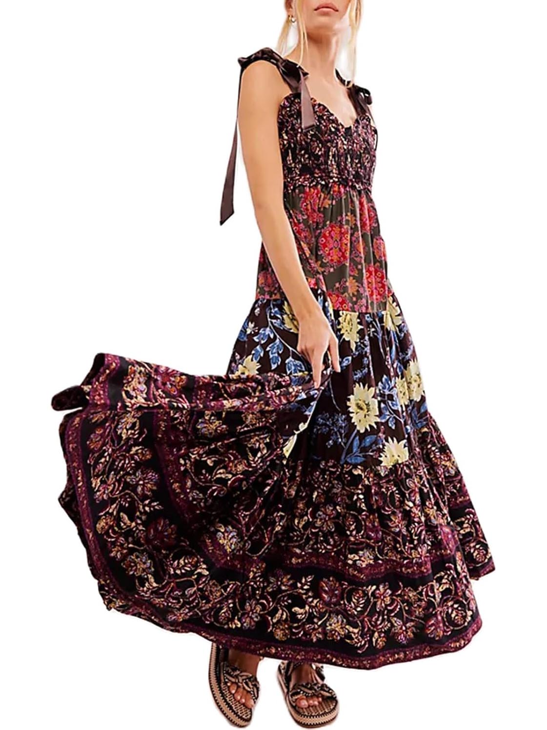Women's Flowy Smocked Sleeveless Tie Shoulder Boho Maxi Dress