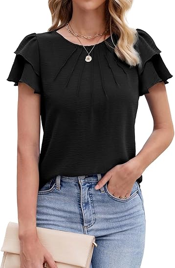 Women’s Casual Blouses Ruffle Short Sleeve T Shirts Pleated Crew Neck Tops