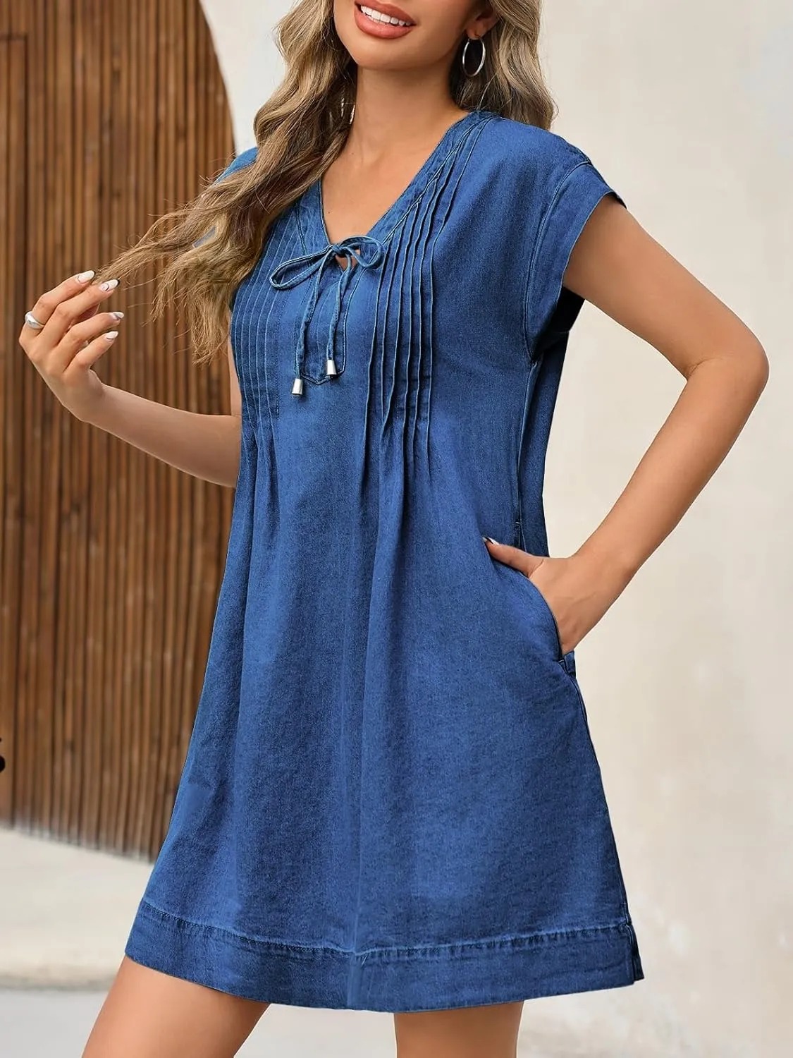 HOT SALE Women's V-neck Pleated Denim Dress With Pockets (Buy 2 Free Shipping)