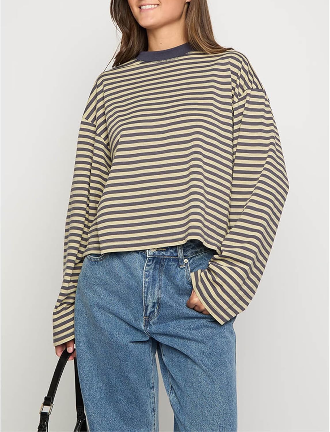 HOT SALE Women's Oversized Striped Cropped Long Sleeve Top