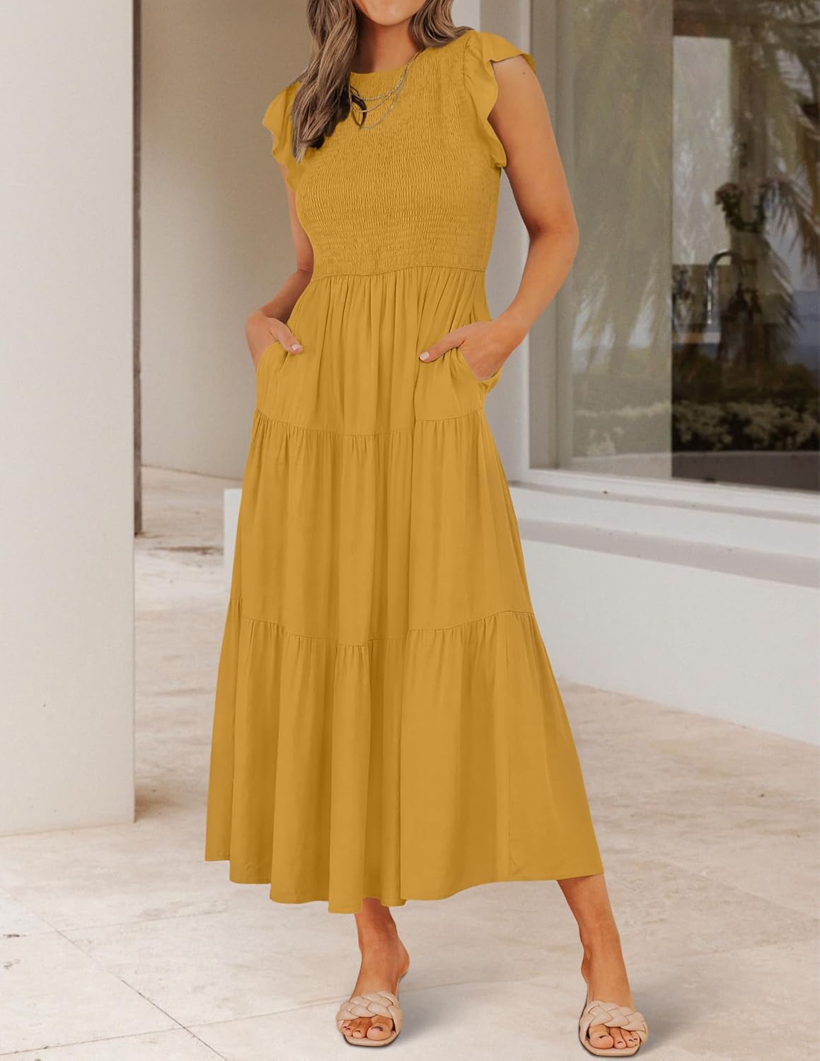 HOT SALE Women's Flutter Short Sleeve Crew Neck Smocked Elastic Waist Tiered Midi Dress