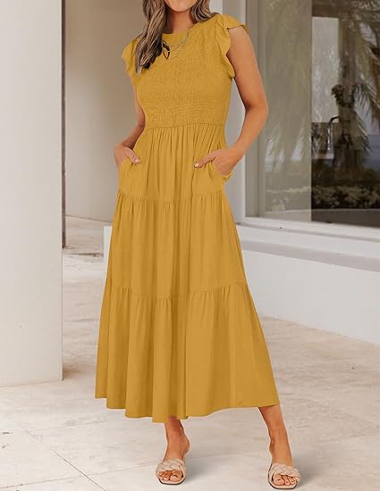 ✨Women's 2025 Summer Casual Flutter Short Sleeve Crew Neck Smocked Elastic Waist Tiered Midi Dress