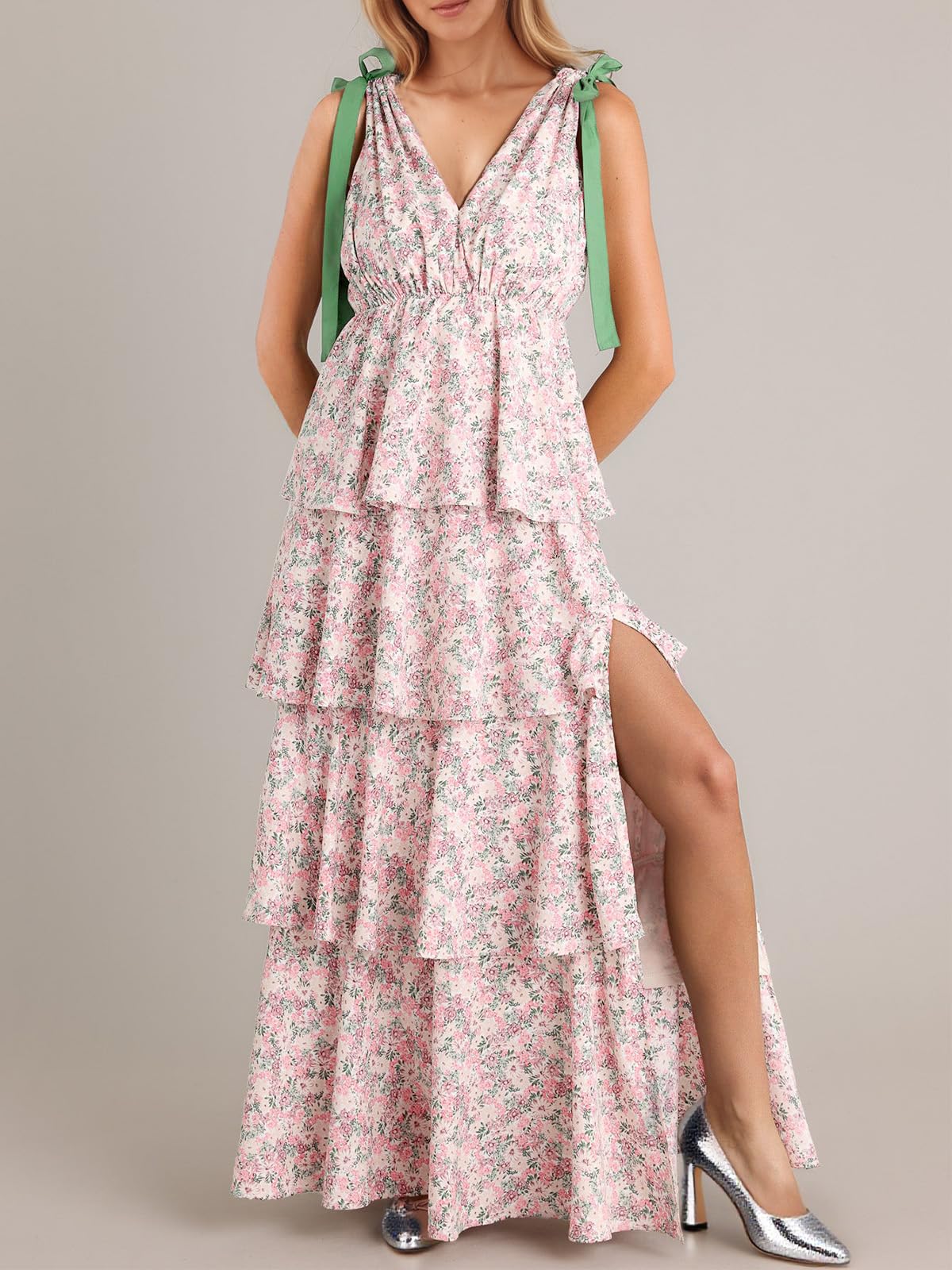 Women's Boho Floral Tie Strap V Neck Ruffle Tiered Maxi Dress