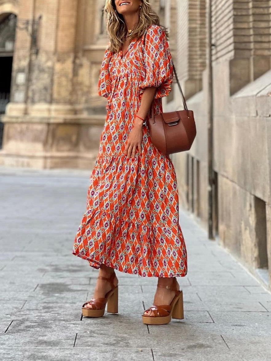 HOT SALE Summer V Neck Puff Sleeve Floral Flowy Casual Maxi Dress