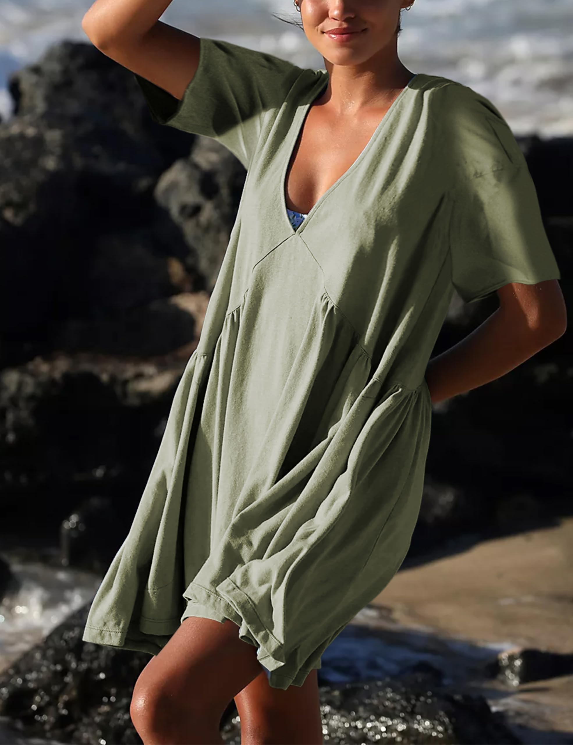 Womens  Casual Short Sleeve Swing Sundress with Pocket