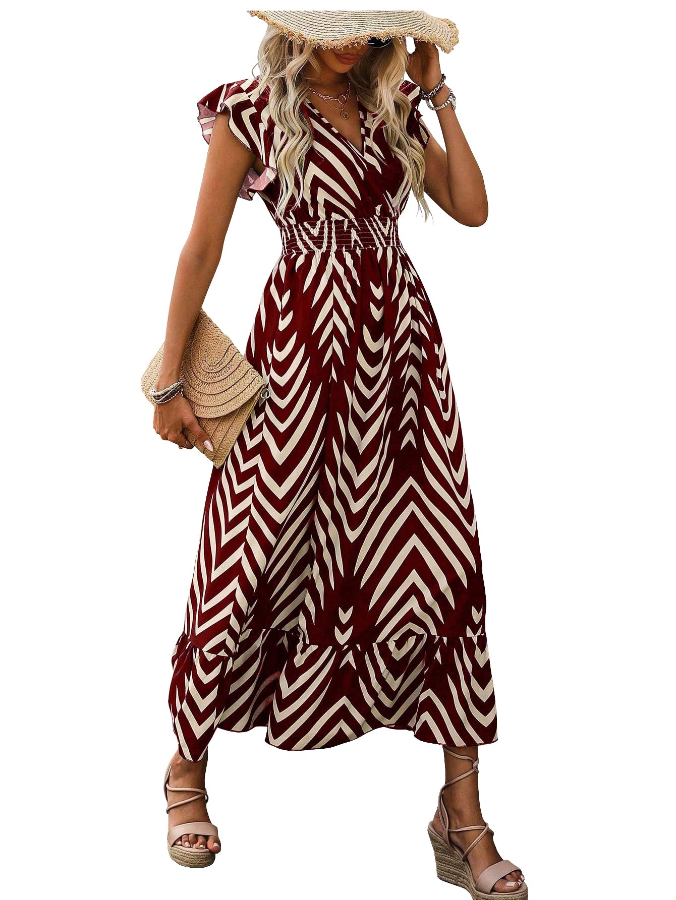 Women's Spring Summer Fashion Floral V Neck Ruffle Waist Slim Boho Dress