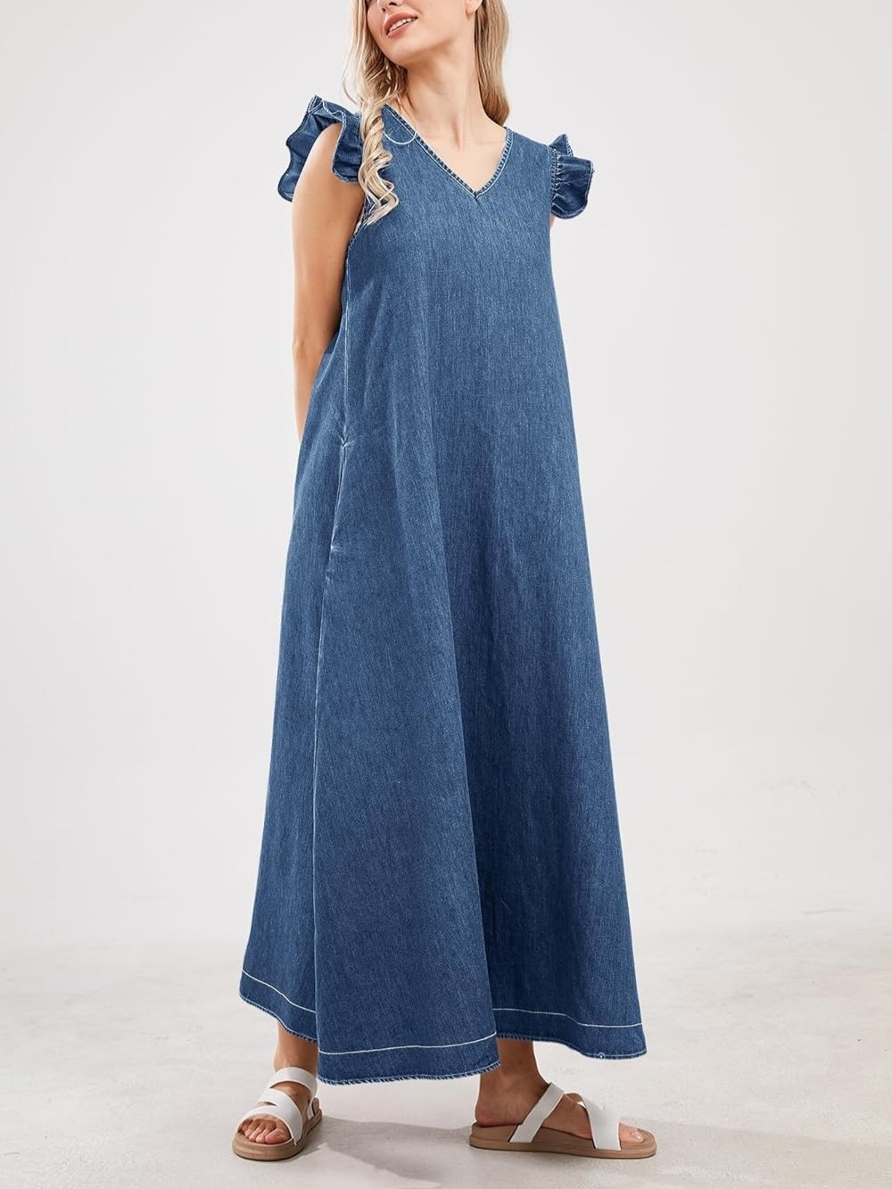 HOT SALE Women's Casual Loose Fit Ruffle Sleeveless V-Neck Denim Maxi Dress